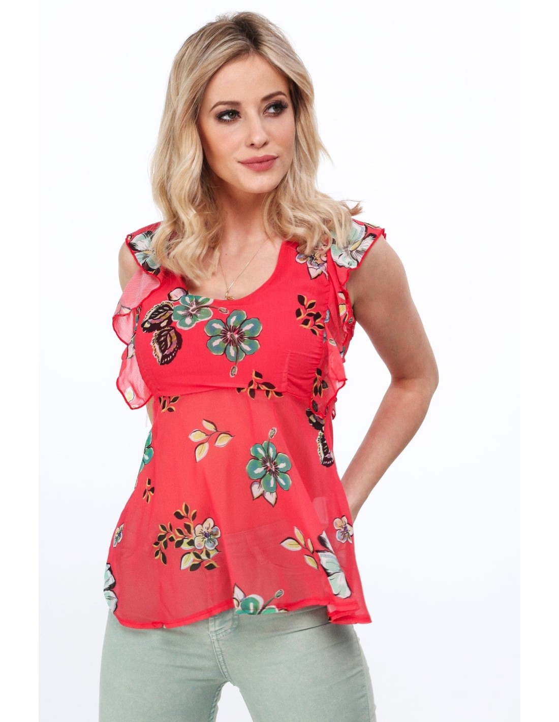 Coral floral blouse for everyday use MP28633 - Online store - Boutique